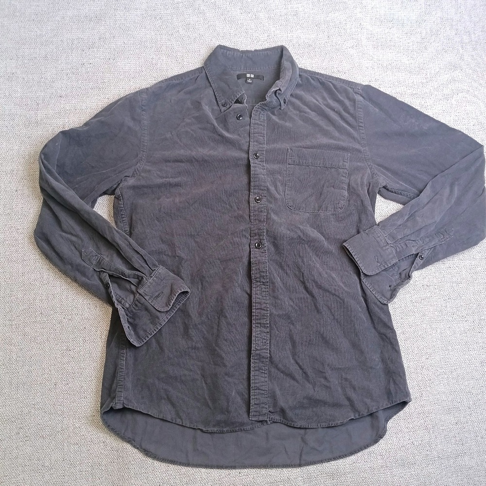 Uniqlo Corduroy Button Down Shirt Mens M Charcoal Gray Excellent Long Sleeve